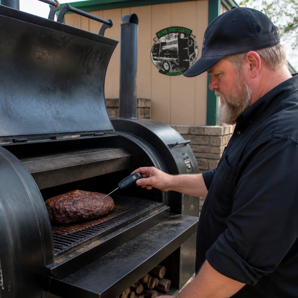 Professional pitmaster checking internal temperature of meat on cooking grates inside a reverse flow smoker with visible baffle plate and exhaust stack in background
