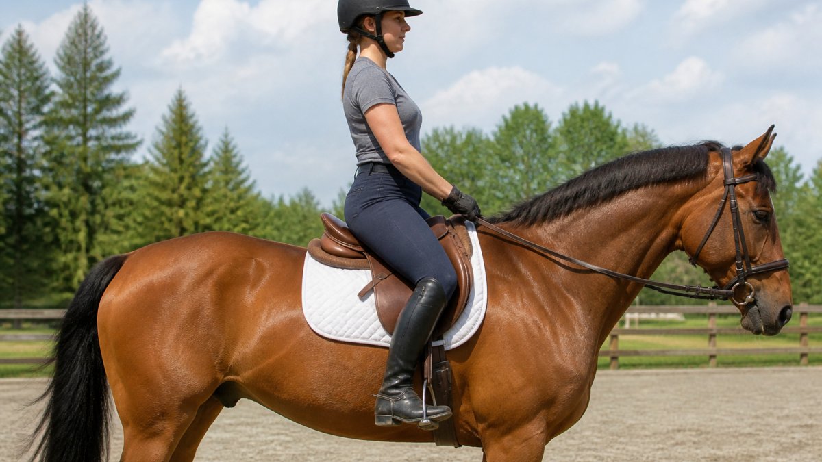 Rider in English tack sitting on a bay horse in a sunlit outdoor arena to assess saddle fit