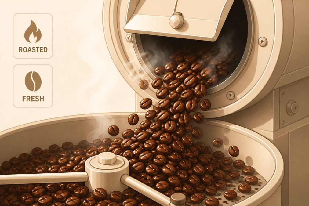 Close-up of freshly roasted coffee beans emerging from a roasting drum with steam rising, showing rich brown color and glossy surface with visible bean texture
