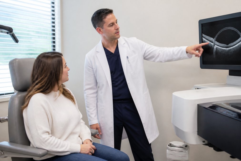 A patient sitting comfortably in a modern ophthalmology exam chair while an eye doctor reviews diagnostic scans on a large monitor in a bright, clean clinic