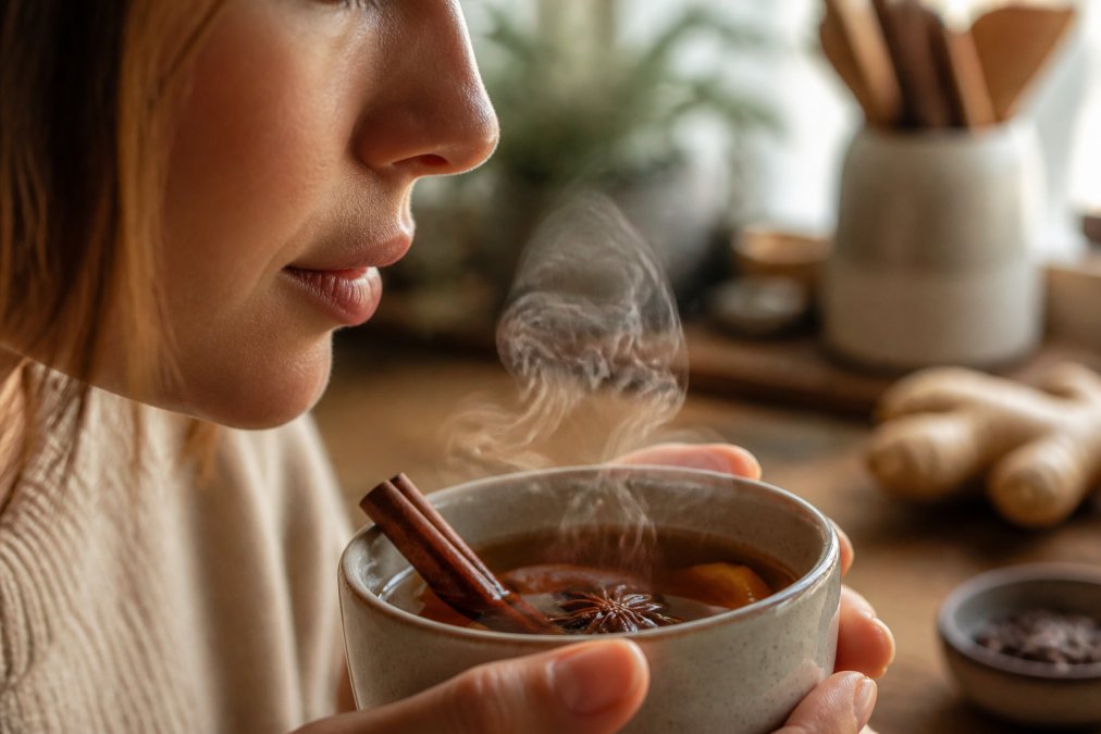 Person inhaling the aromatic steam from a cup of spiced tea in a warm kitchen to show how scent evokes memory and emotion