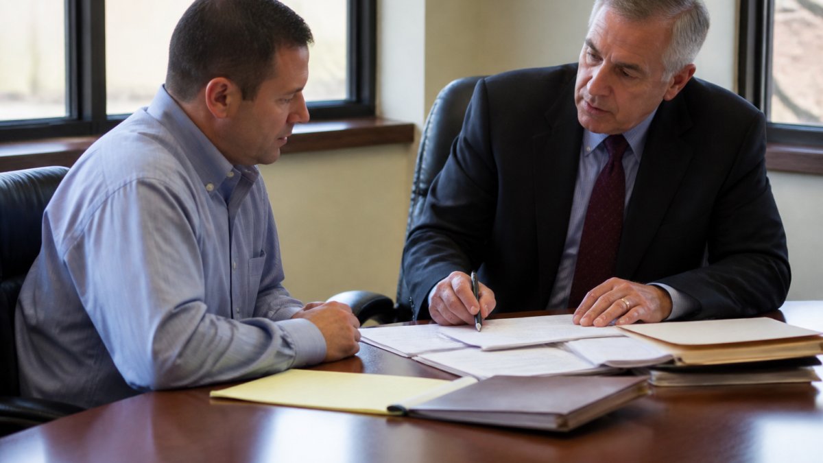 Attorney reviewing legal documents with a client to discuss strategy for sex crime charges child custody case.