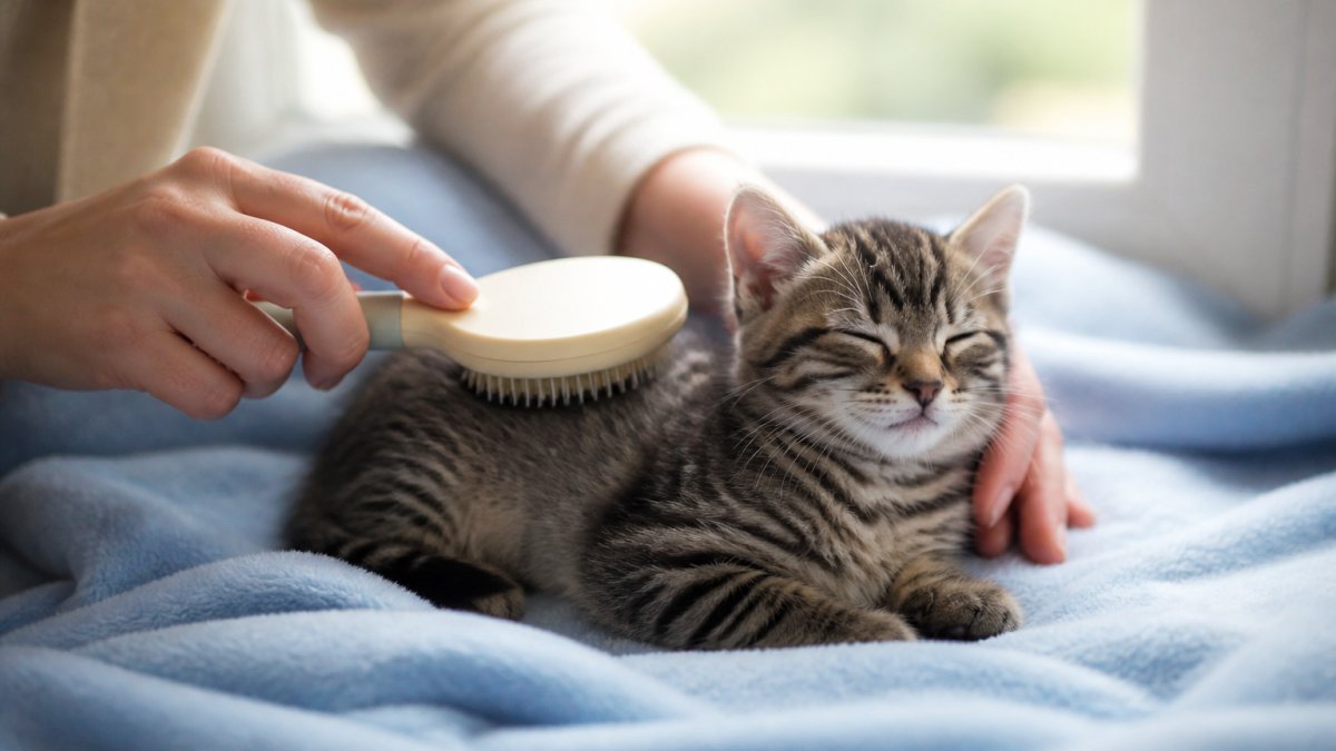 Person's hands gently brushing a young tabby kitten on a soft blue blanket in natural window light, showing calm, patient grooming technique with the kitten appearing relaxed