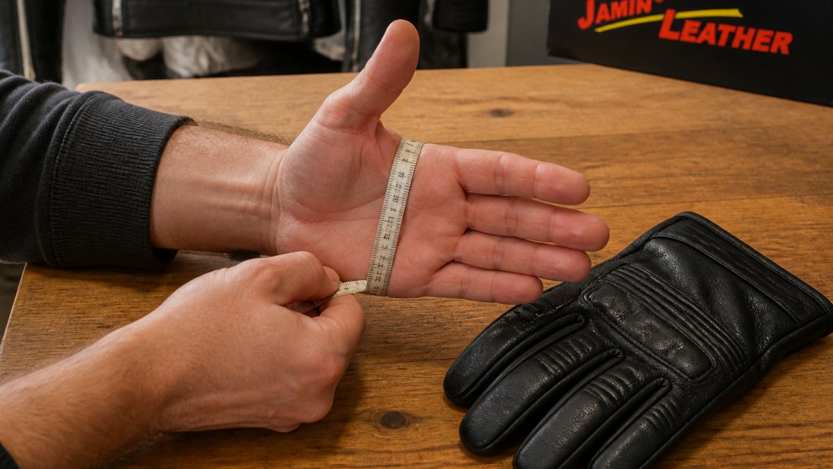 Close-up of a rider's hand being measured around the palm with a soft measuring tape on a wooden table, with a leather motorcycle glove resting nearby