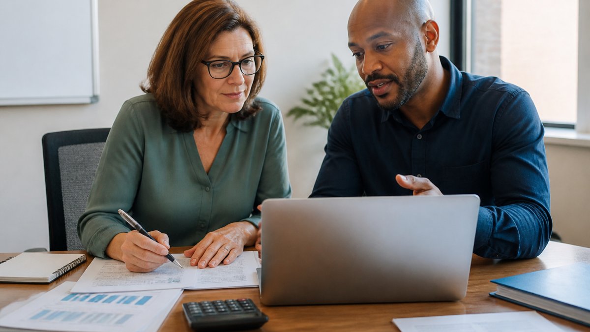 Finance manager and consultant reviewing a nonprofit IT budget spreadsheet on a laptop in a bright office.