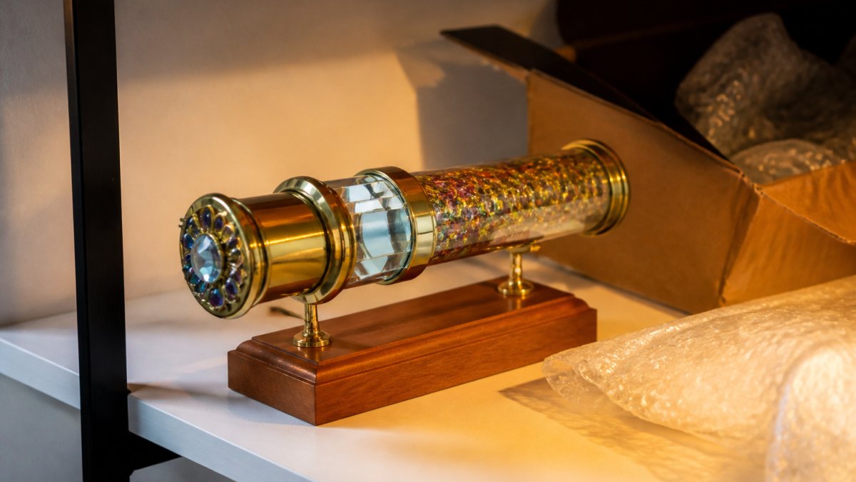 Handcrafted brass kaleidoscope on a cherry wood base illuminated by warm 45-degree accent lighting to highlight optical