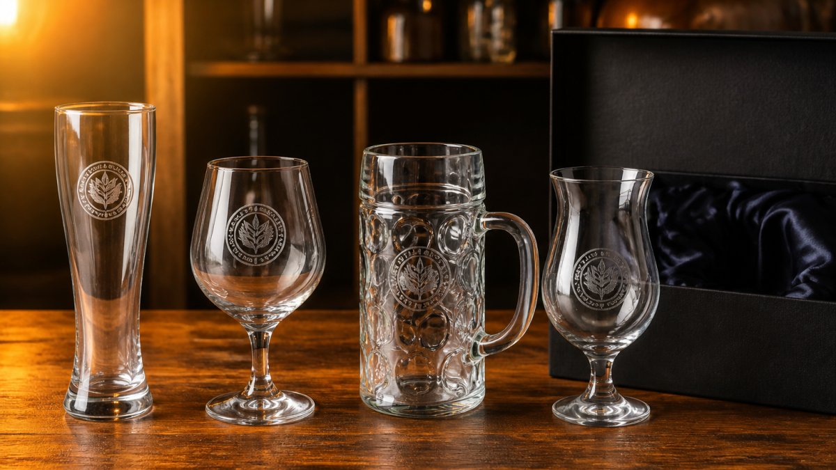 Four branded beer glasses in pilsner, stemmed, stein, and tulip shapes arranged on a warm timber bar shelf