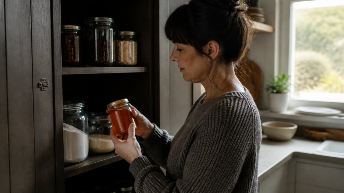 Glass jar of amber honey with a sealed lid stored inside a cool, dark kitchen pantry cupboard