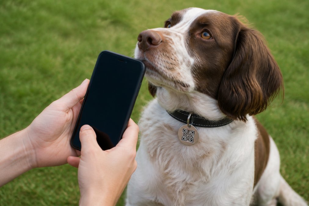 Close-up of a person holding a smartphone scanning a QR code on a dog's collar tag, with the dog sitting calmly on grass in natural daylight