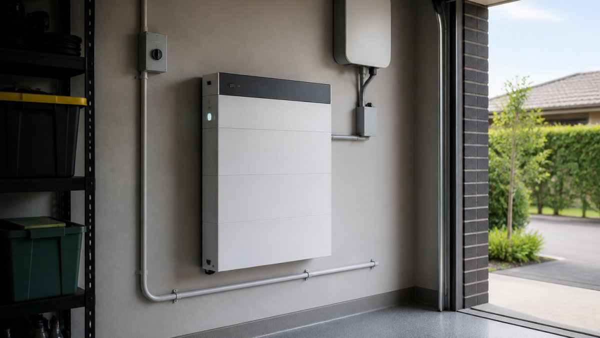 A wall-mounted solar battery unit in a modern Australian garage, with a small indicator light glowing and neat conduit running along the wall