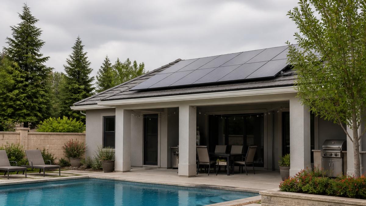 Roof-mounted solar pool heaters on a house under an overcast sky with a backyard pool below