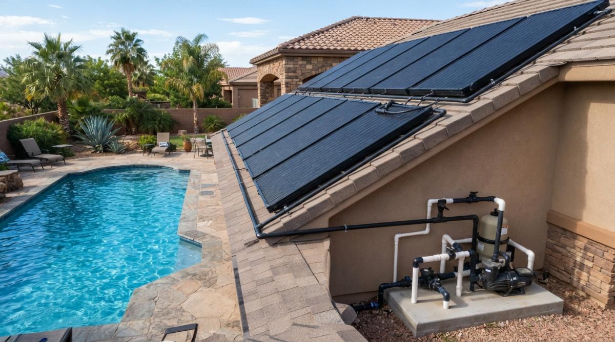 A close-up of dark solar thermal collectors mounted on a residential roof, with a clear blue swimming pool visible in the sunny backyard below and a pump system against the house wall