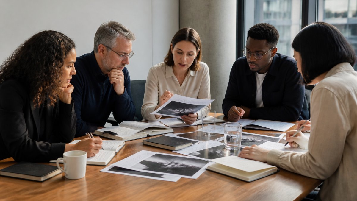 Diverse policy team gathered around conference table reviewing printed excerpts from speculative fiction with notebooks and analysis documents spread across the table, natural office lighting