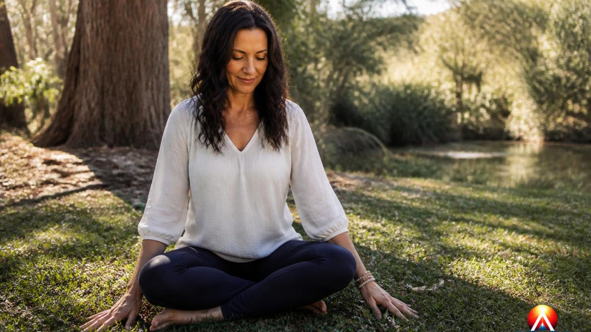 How Spending Time in Nature Deepens Spiritual Awareness 1 Person sitting cross-legged on grass with hands touching the earth in a calm, forested natural setting.