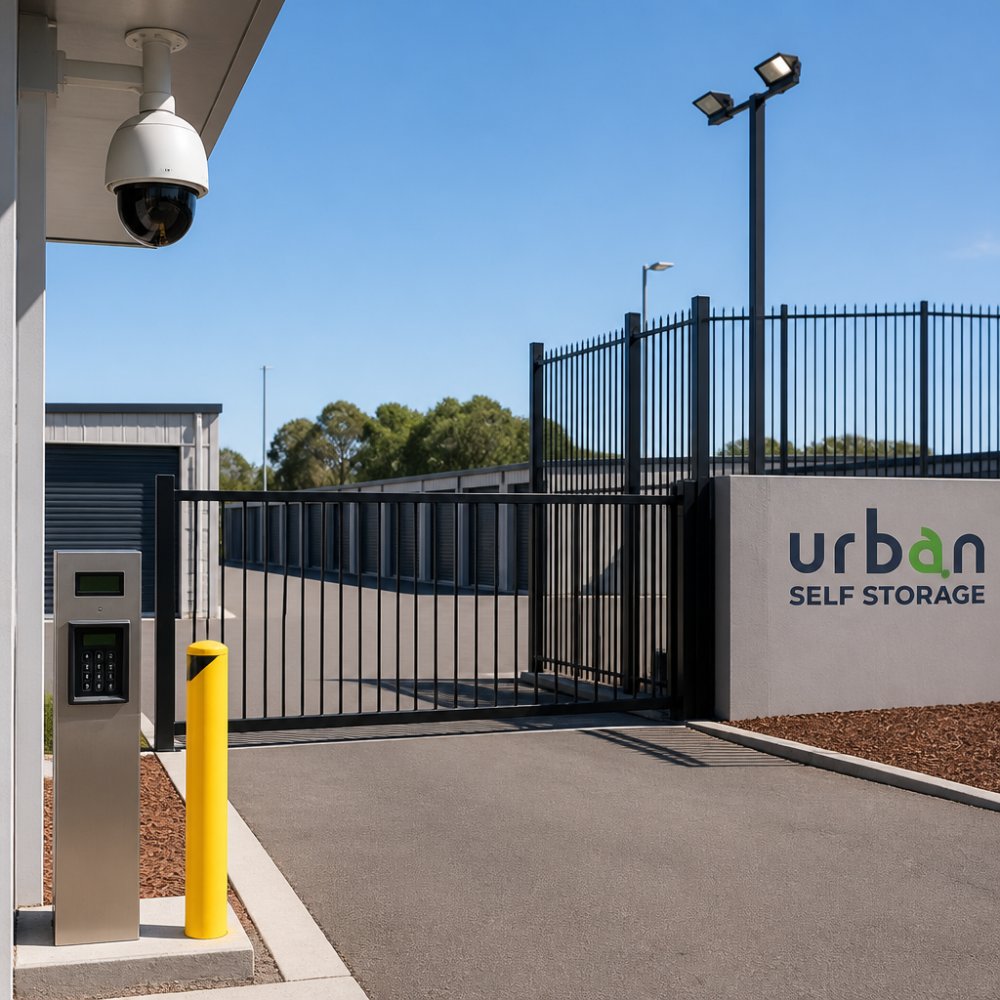 Electronic gate access and overhead security camera at a well-lit storage facility security perimeter
