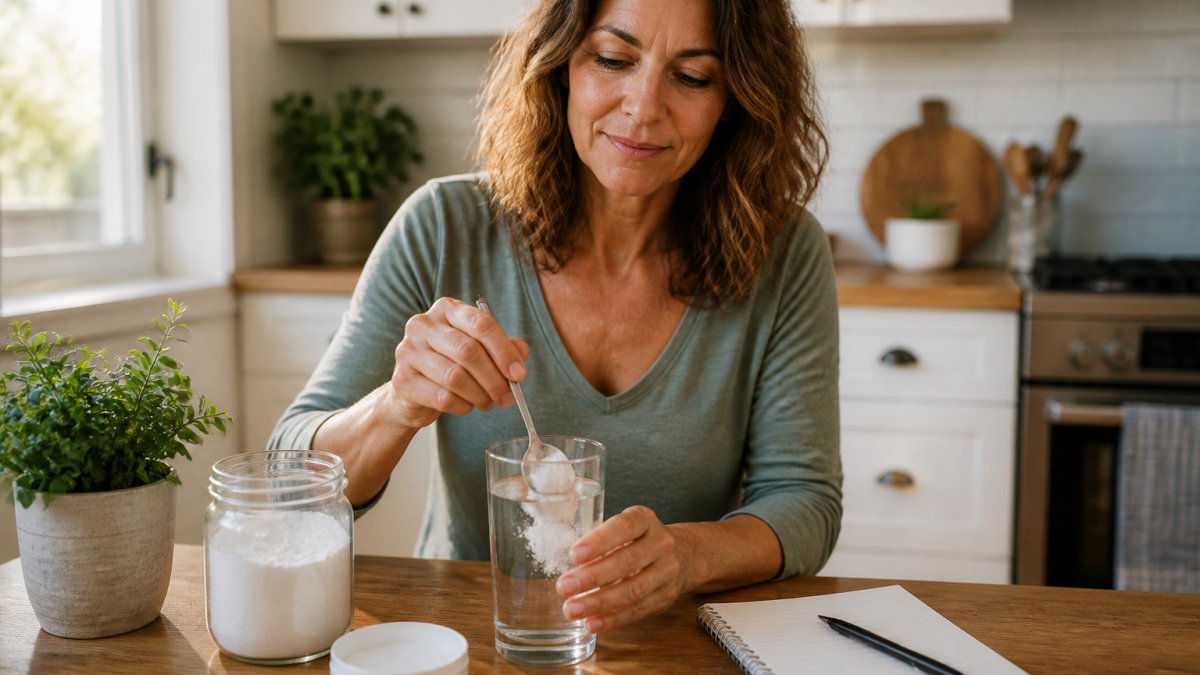 A woman in her late 40s sitting at a sunlit kitchen table, mixing an unflavored collagen powder into a glass of water with a spoon, a small notebook and pen beside her with a simple daily routine list