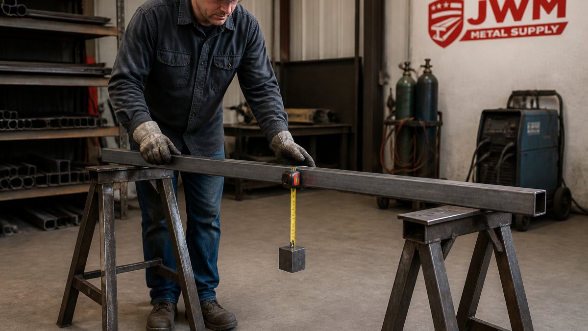 Fabricator testing the load capacity of a 2x2 steel tube on sawhorses with a centered weight and tape measure
