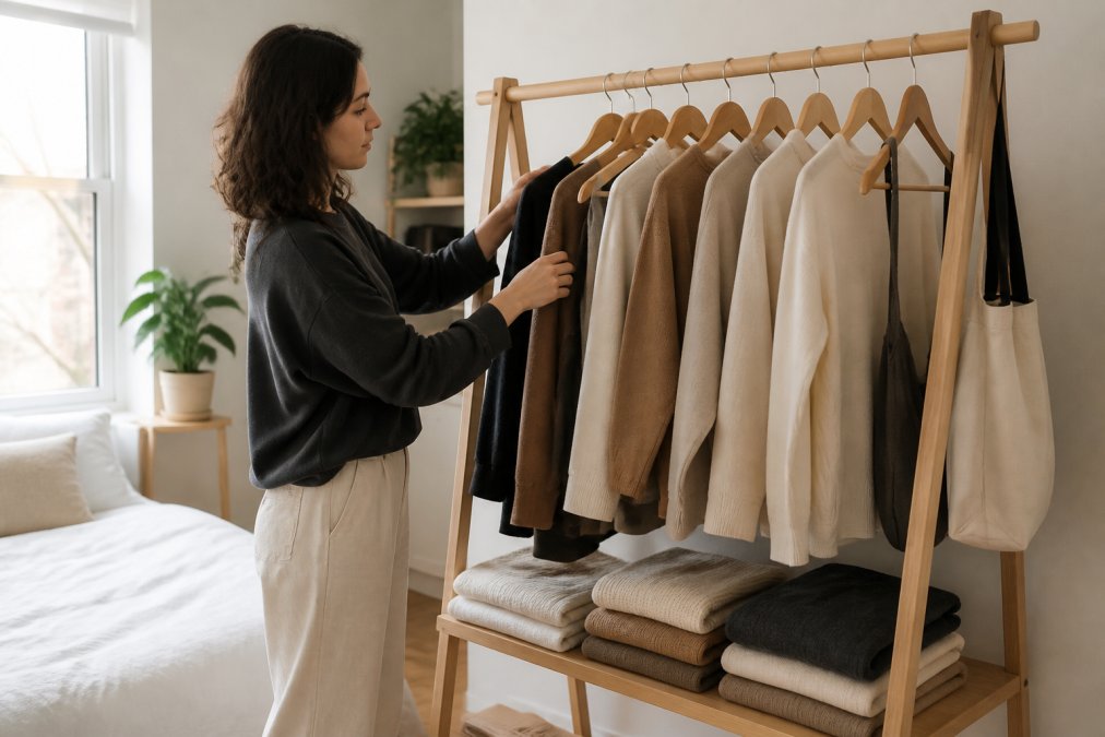 A person arranging a small capsule wardrobe of neutral-toned clothing on a wooden rack in a bright, minimalist bedroom, with folded organic cotton items visible on a shelf
