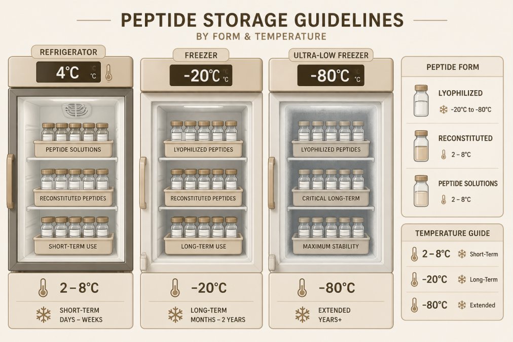 Modern laboratory freezer and refrigerator units with temperature display panels, showing organized rows of labeled peptide vials in protective storage containers within temperature-controlled zones
