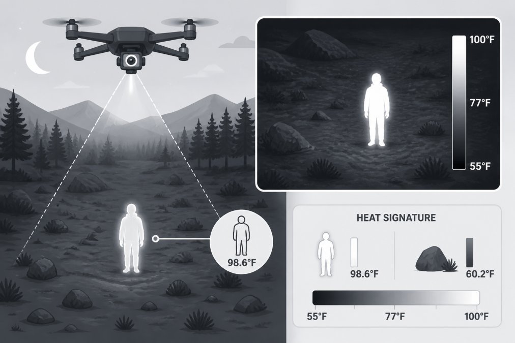 Drone thermal camera capturing heat signatures of a person in dark outdoor terrain at night, showing the contrast between warm human body and cold ground