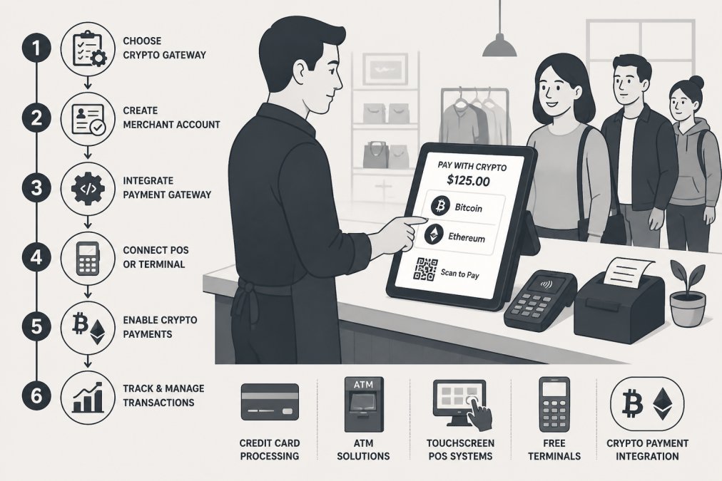 Small business owner at checkout counter using a tablet POS system to process a crypto payment, with customers in background and digital payment interface visible on screen showing Bitcoin and Ethereum options