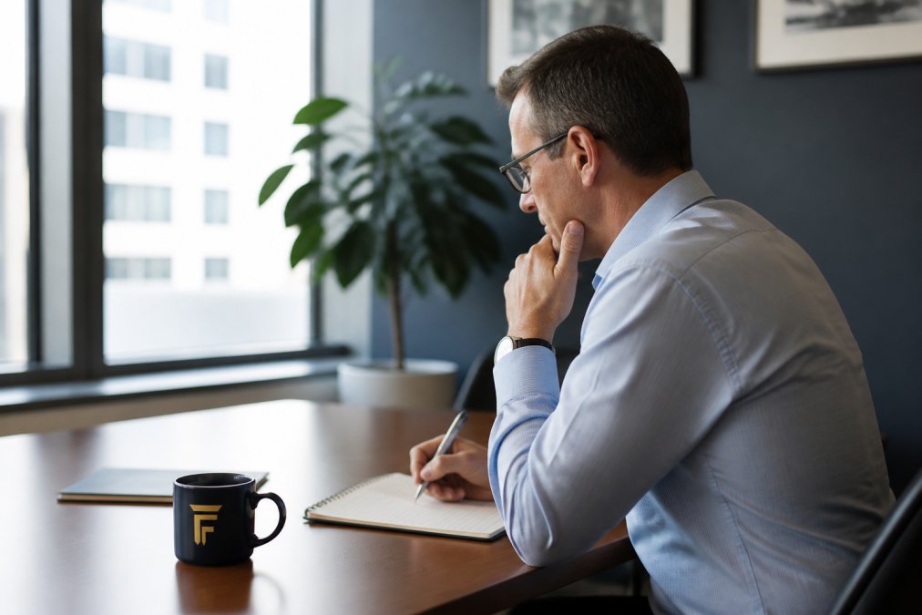 A finance director at a mid-market company reviewing an organizational chart on a laptop screen in a bright office, with a notepad and coffee on the desk beside them