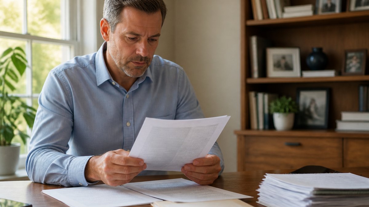 Professional reviewing loan documents and financial paperwork at desk with natural window lighting in home office