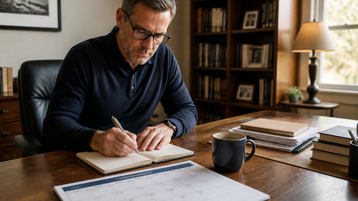 A focused executive working at a desk with a laptop, notebook, and paper calendar, planning a weekly job search schedule in a quiet home office with warm afternoon light
