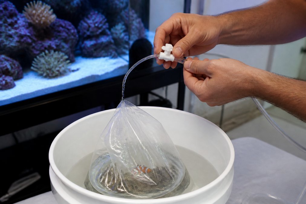 Close-up of a hobbyist's hands adjusting a plastic control valve on airline tubing, with water dripping from the tube into a bucket containing a clear bag with a fish, the saltwater aquarium blurred in the background
