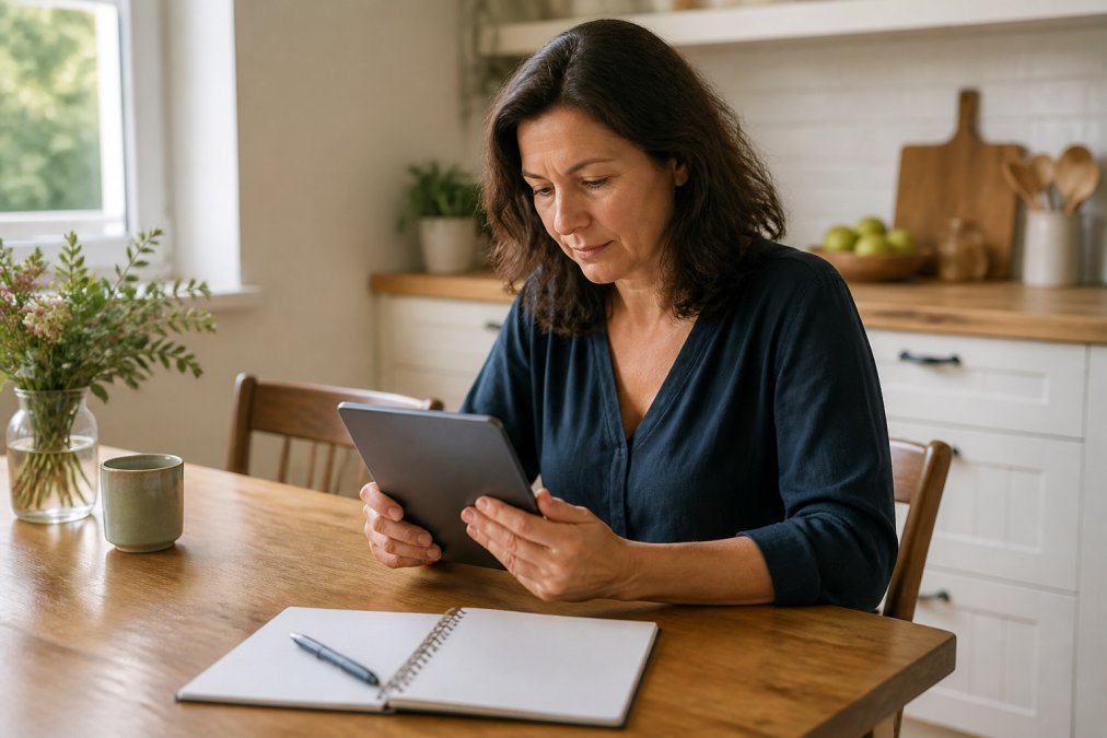 Host sitting at kitchen table with tablet, reviewing digital invitation responses and dietary requirement notes from dinner party guests, warm natural lighting from window