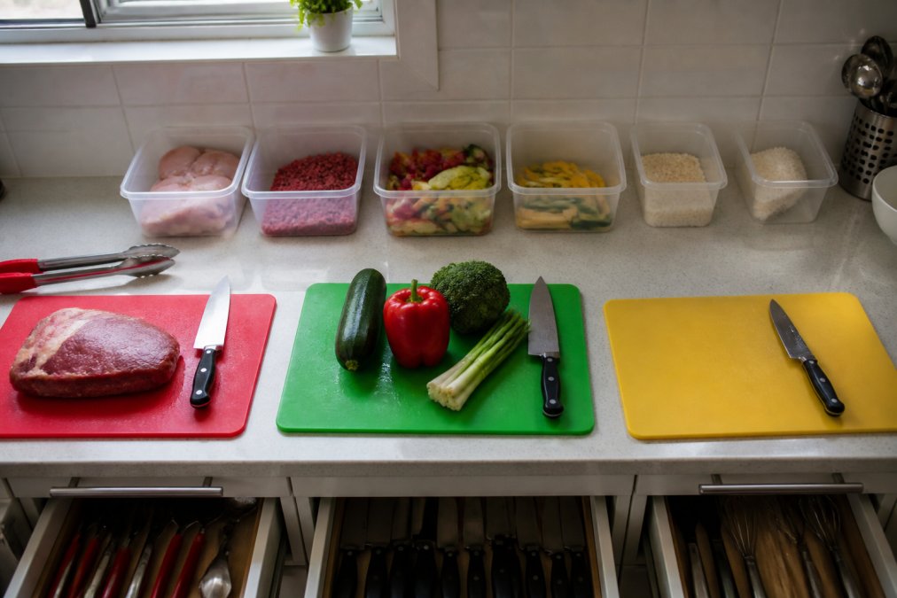 Home kitchen counter with organised workspace showing separate colour-coded cutting boards (red for meat, green for vegetables, yellow for allergen-free), distinct utensils, and clearly labelled ingredient containers stored in separate areas