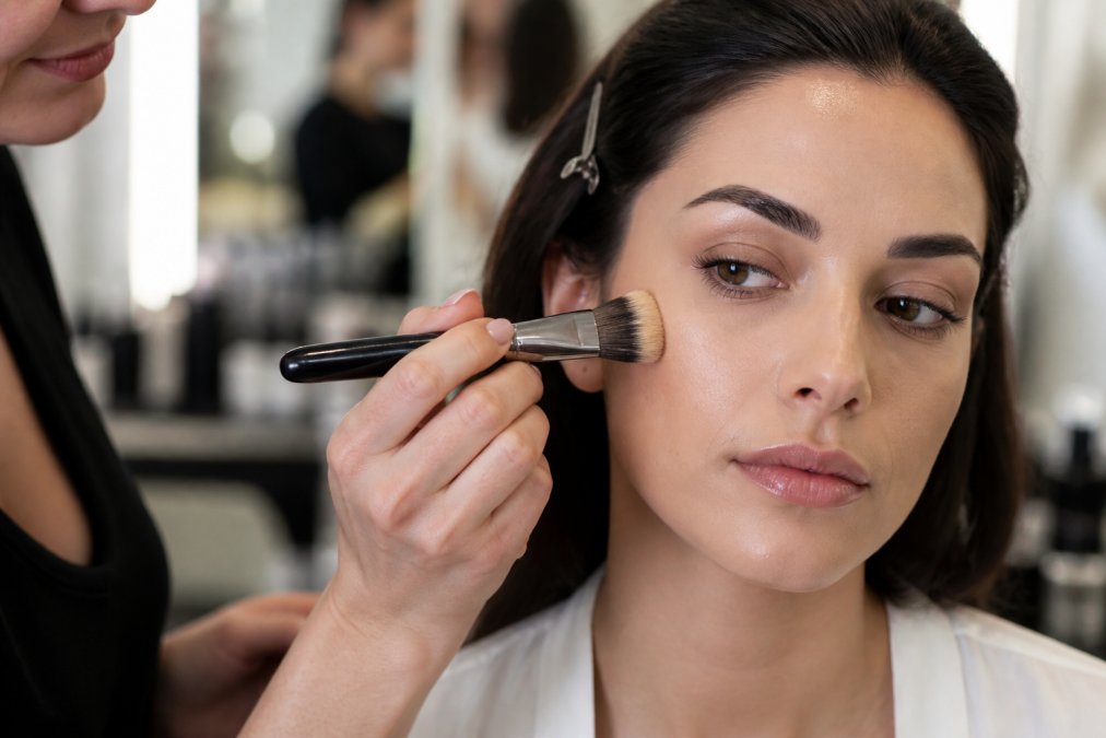 Close-up of a makeup artist's hand holding a dense synthetic foundation brush, gently buffing foundation onto a model's cheekbone in a bright, professional studio setting with soft, even lighting