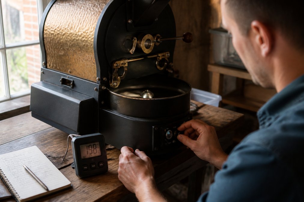 A home coffee roaster's hands adjusting the burner dial on a drum roaster, with a digital thermometer showing temperature and a notebook with roast notes nearby on a wooden workbench