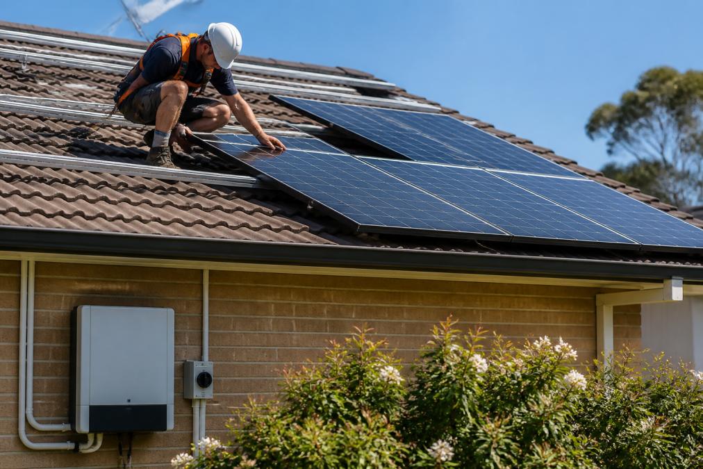 CEC-accredited technician installing solar panels on a roof to improve home energy self-sufficiency.