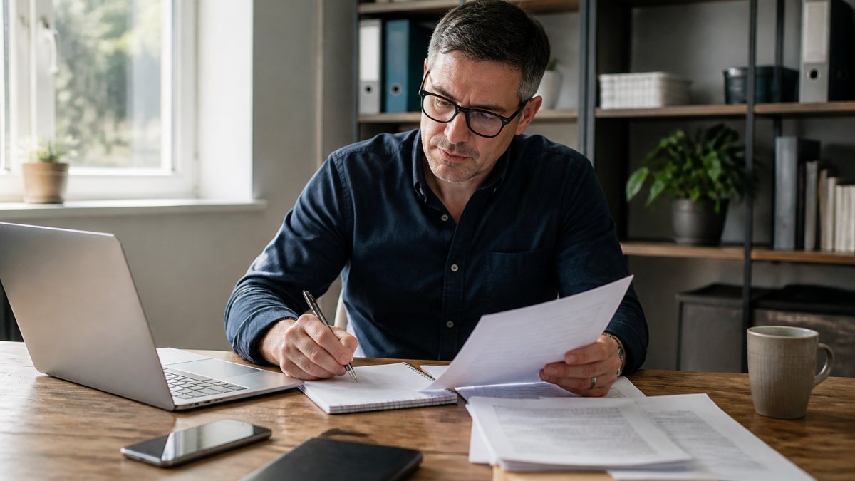 Small business owner sitting at desk with laptop and notepad, reviewing documents and making notes about data systems, natural office lighting