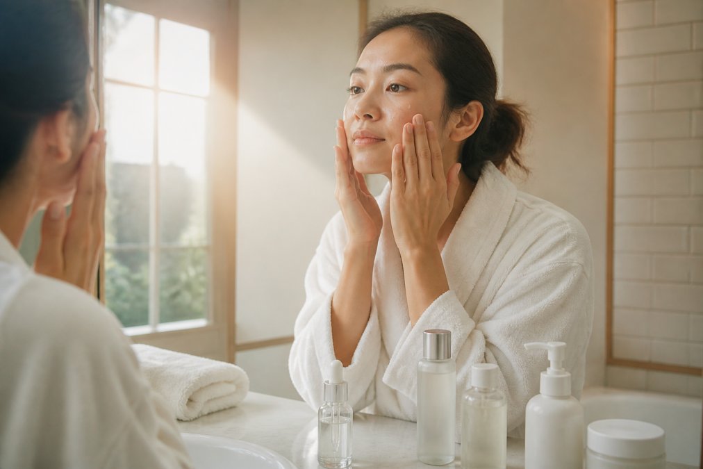 A woman in her late twenties standing at a bathroom vanity, pressing a few drops of clear serum into her cheek with both hands, surrounded by skincare bottles and a soft towel, warm morning light through a window
