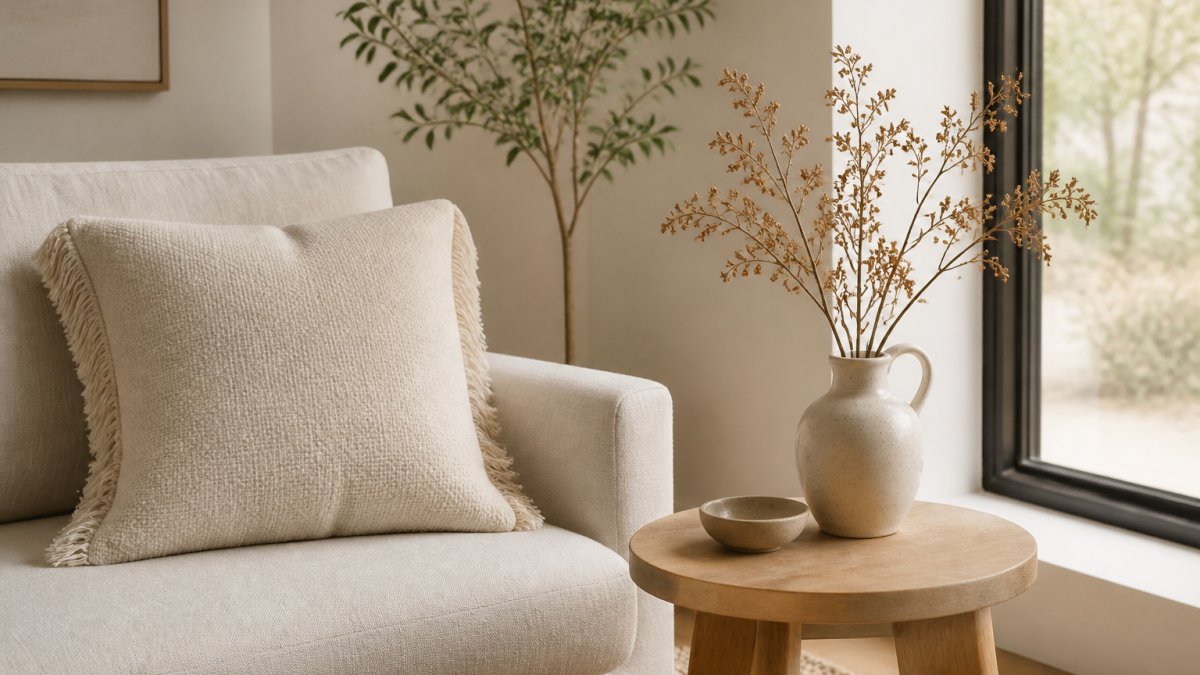 A bright, calm living room with a low light-wood side table, a cream fringed throw pillow on a simple sofa, a small ceramic jug vase holding dried branches, and soft natural light from a window