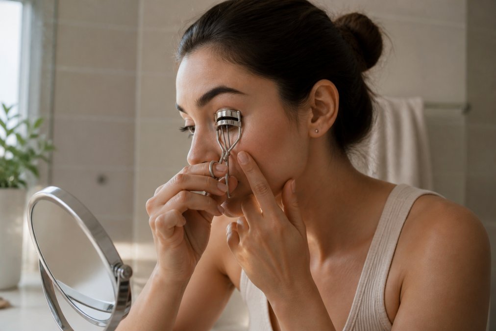 Close-up of hands demonstrating proper eyelash curler positioning at the base of the lash line with gentle pump technique, natural bathroom lighting