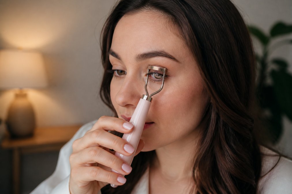 Woman applying a heated eyelash curler with gentle pressure and proper angle, demonstrating safe handling technique near the eye with warm studio lighting