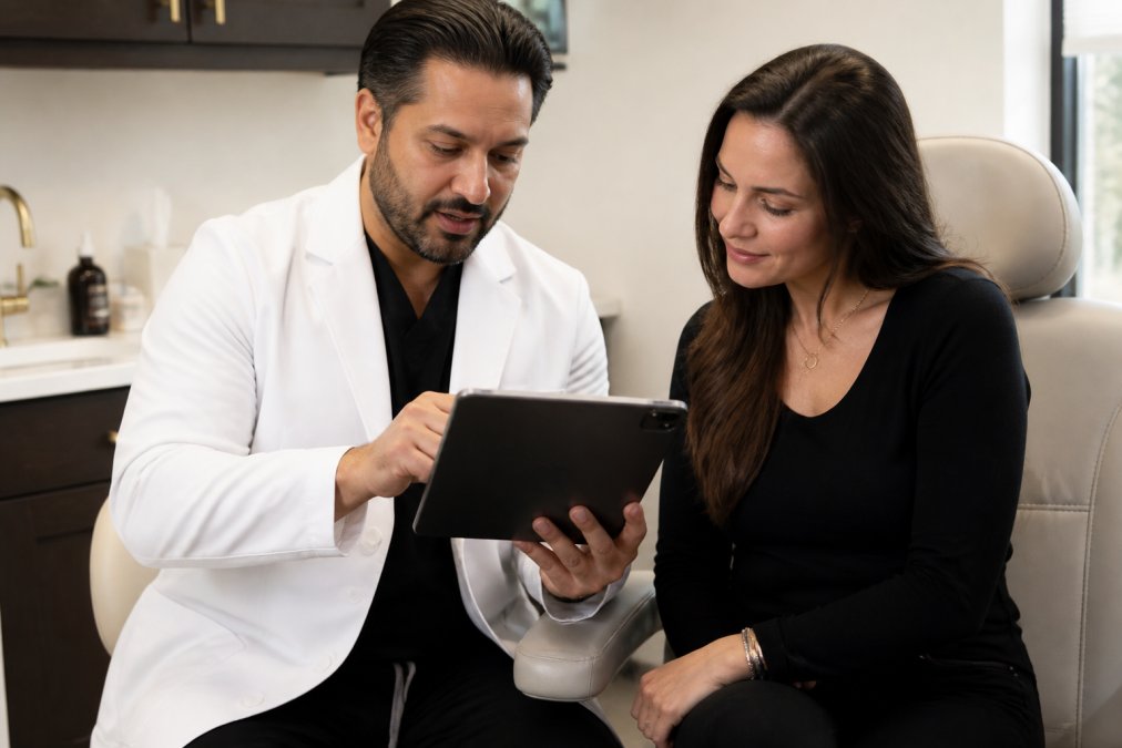 A physician in a white coat consulting with a patient in a bright, modern medical aesthetics clinic, reviewing facial anatomy on a tablet together