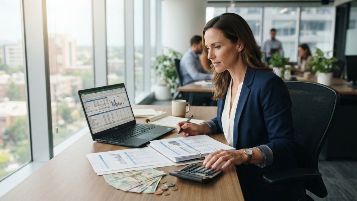 Finance manager reviewing budget spreadsheets to ensure predictable pricing for data storage in a sunlit office.