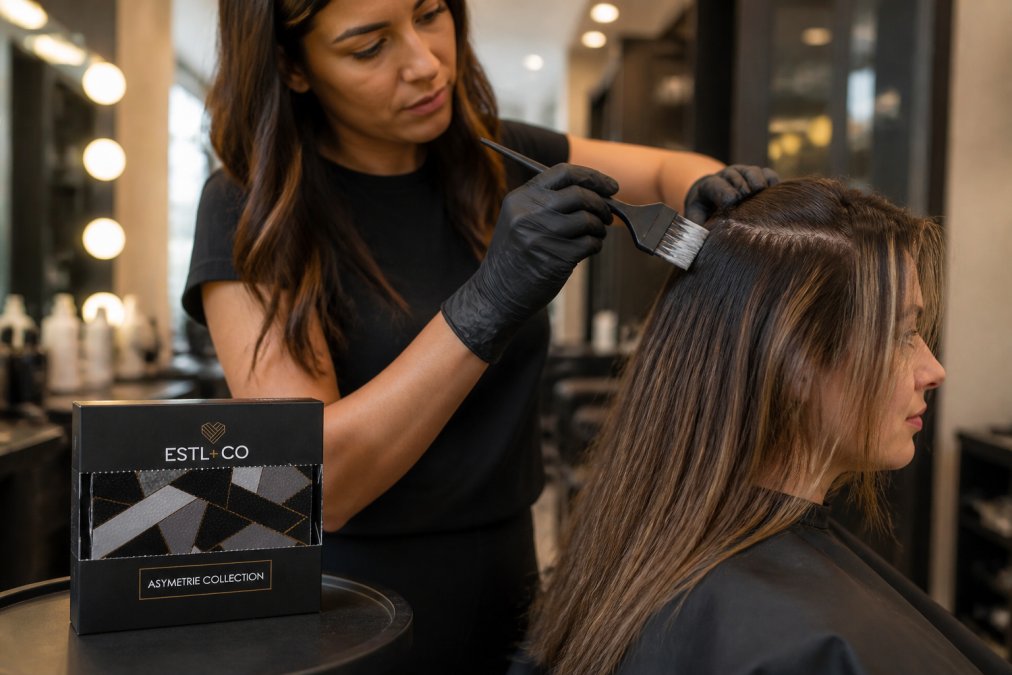 A professional hair colorist applying root smudge technique on a client's hair using a feathered blending brush, with color product visible on the brush tip, shot in a modern salon with warm overhead lighting