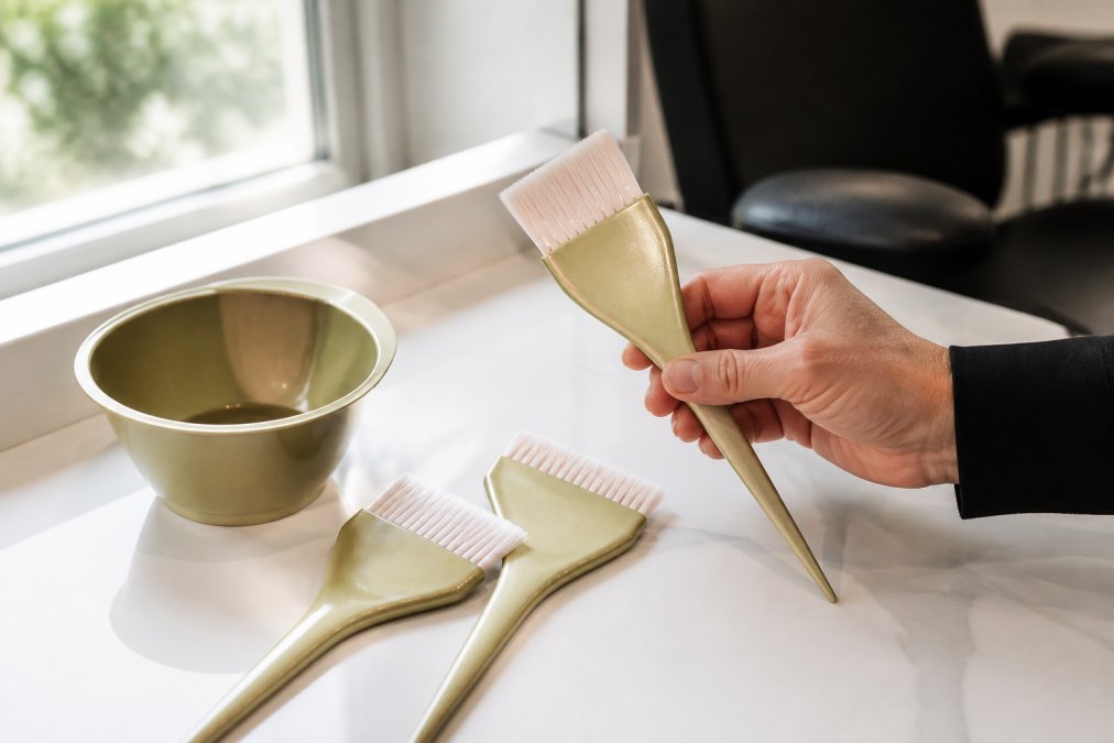 Close-up of professional hair color brushes and a stain-resistant tint bowl laid out on a clean white salon station surface, with a colorist's hand holding an ergonomic feathered brush, soft natural light from a nearby window