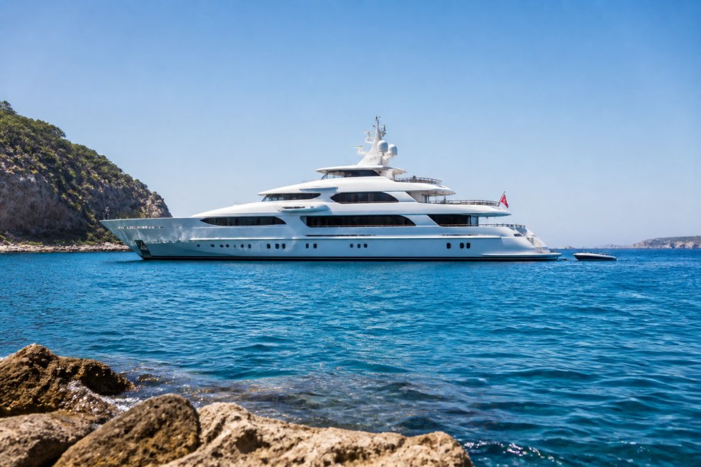 Luxury superyacht anchored in Mediterranean waters with clear blue sky, sparkling turquoise sea, and elegant white vessel profile visible from the water's edge