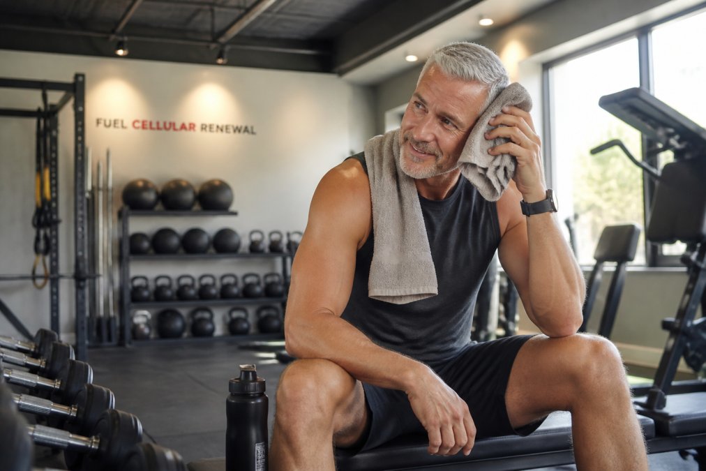 A fit adult in their 50s finishing a resistance training session in a bright gym, wiping sweat with a towel, with dumbbells and a water bottle visible nearby