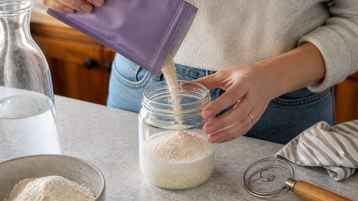 Close-up of hands pouring freeze-dried sourdough starter from a purple bag into a clean glass jar with flour and filtered water visible on the counter, showing the initial mixing stage with natural kitchen lighting