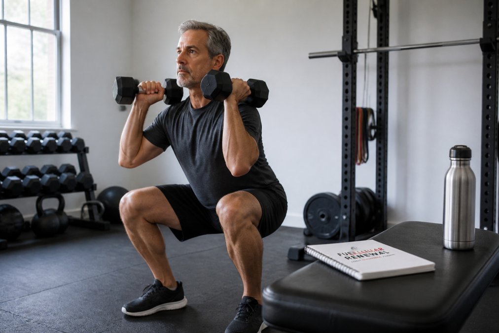 A fit adult in their 50s performing a controlled dumbbell squat in a bright home gym, with a notebook and water bottle nearby on a bench