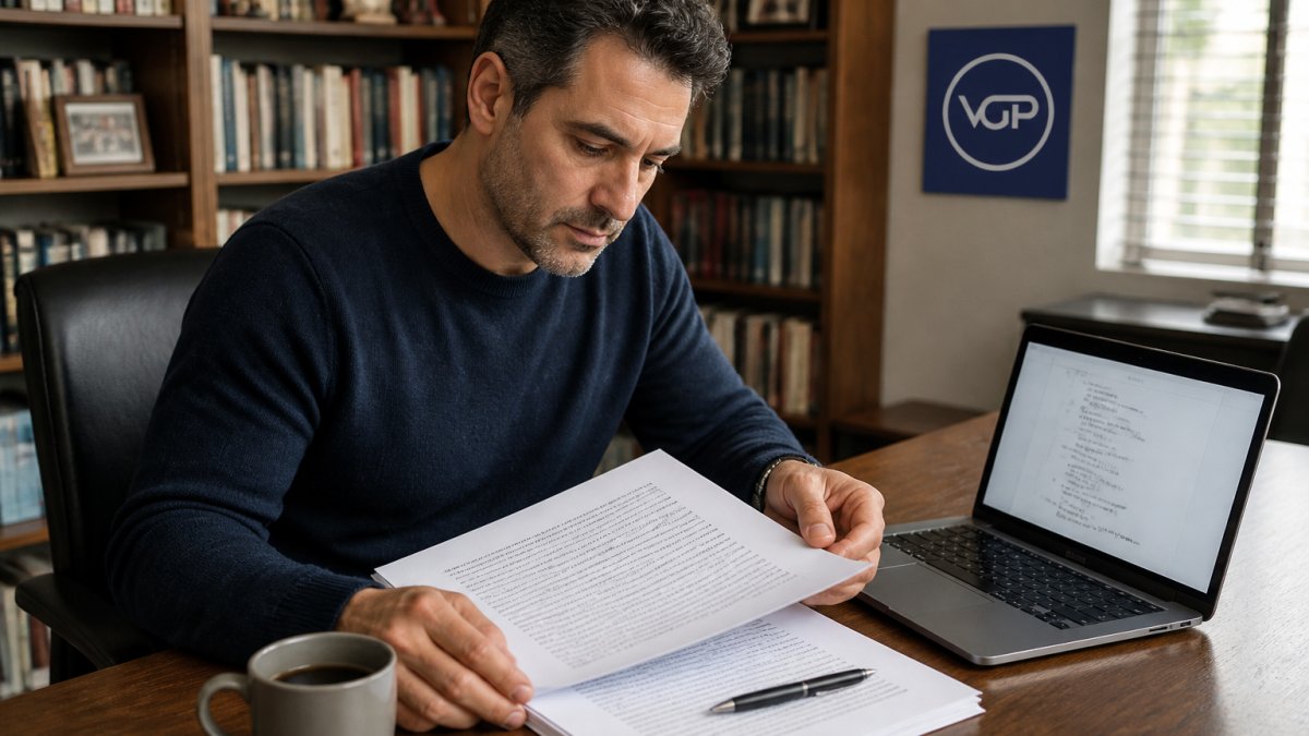 A screenwriter at a wooden desk reviewing a printed manuscript next to a laptop displaying a screenplay draft, with a cup of coffee and a pen resting on the pages