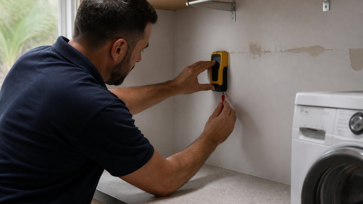 Professional using electronic stud finder to locate wall studs, marking locations with pencil for bracket installation in laundry room