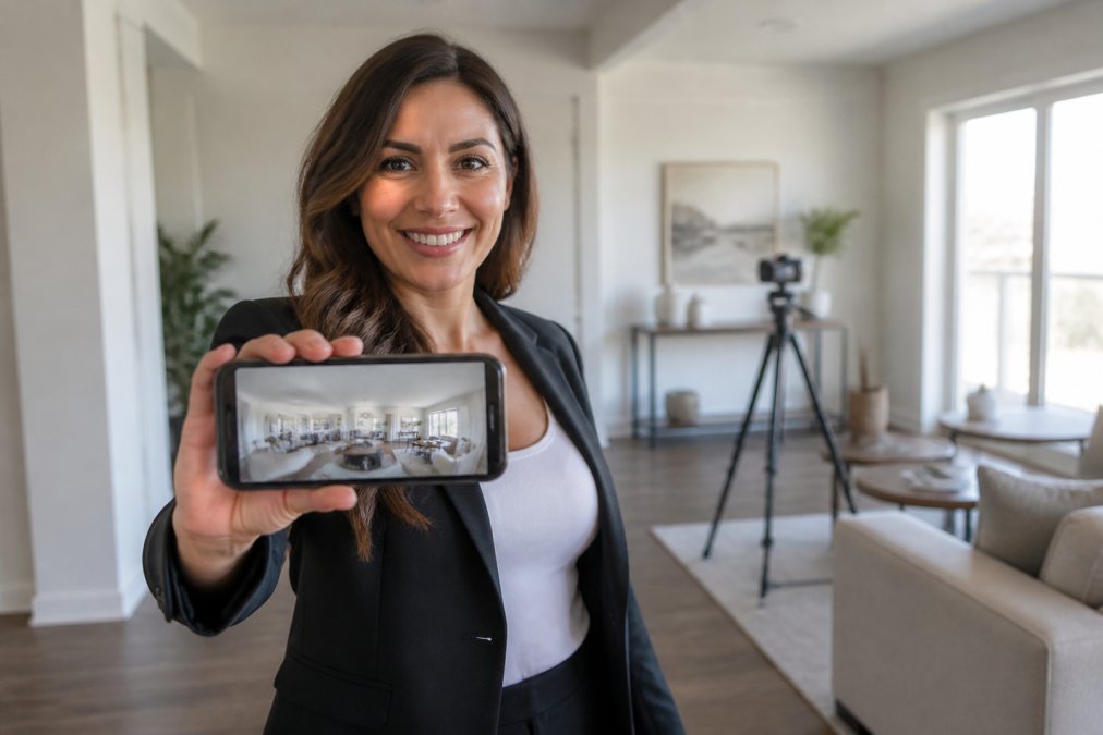 Real estate agent using a smartphone to add a virtual tour to Zillow inside a bright home living room